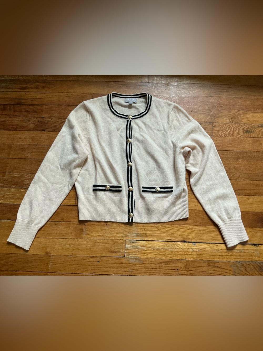 J. Crew Size L Cream Cropped Cardigan with Black Trim and Gold Buttons